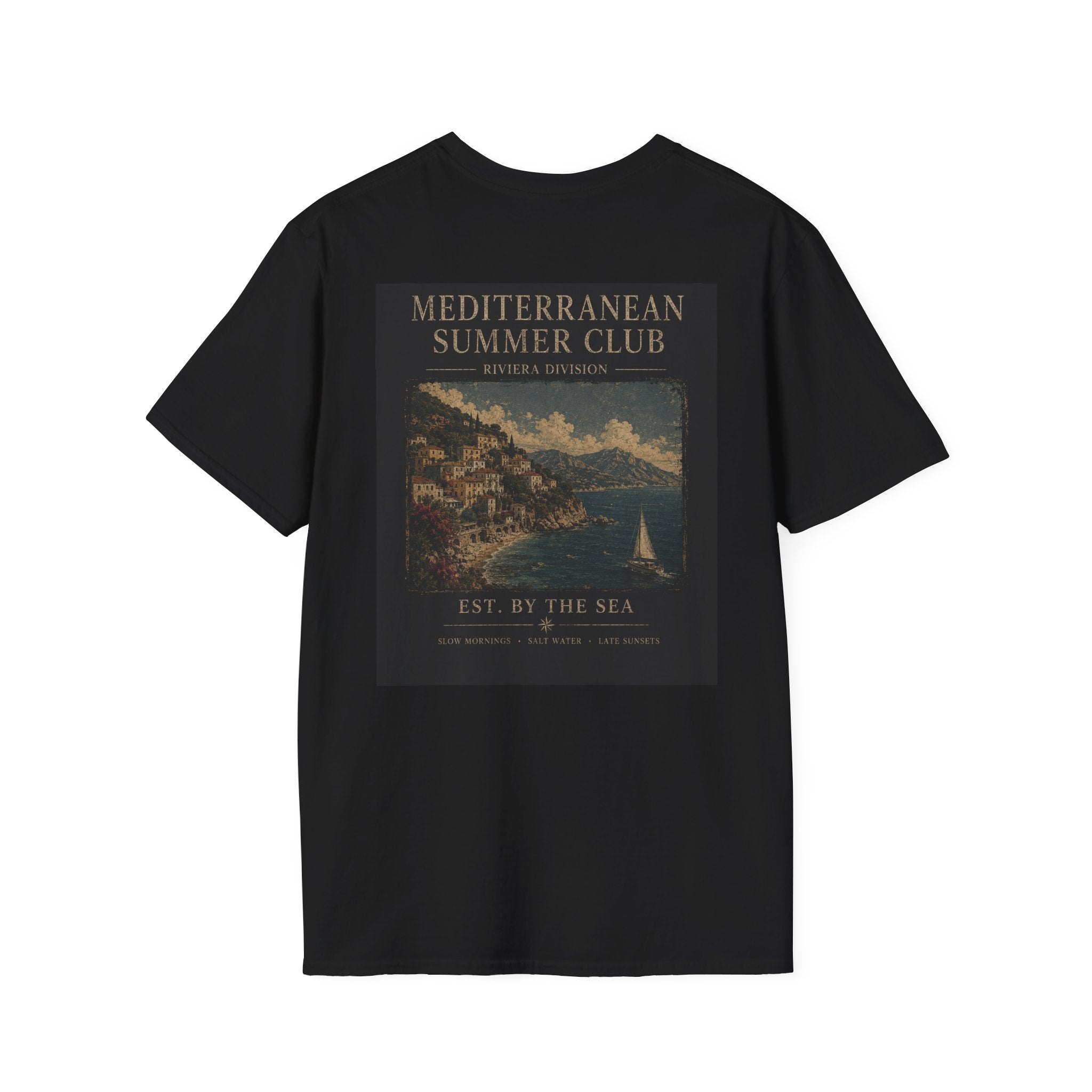 Mediterranean Summer Club T-Shirt | Vintage Coastal Painting, Seaside Est. By The Sea